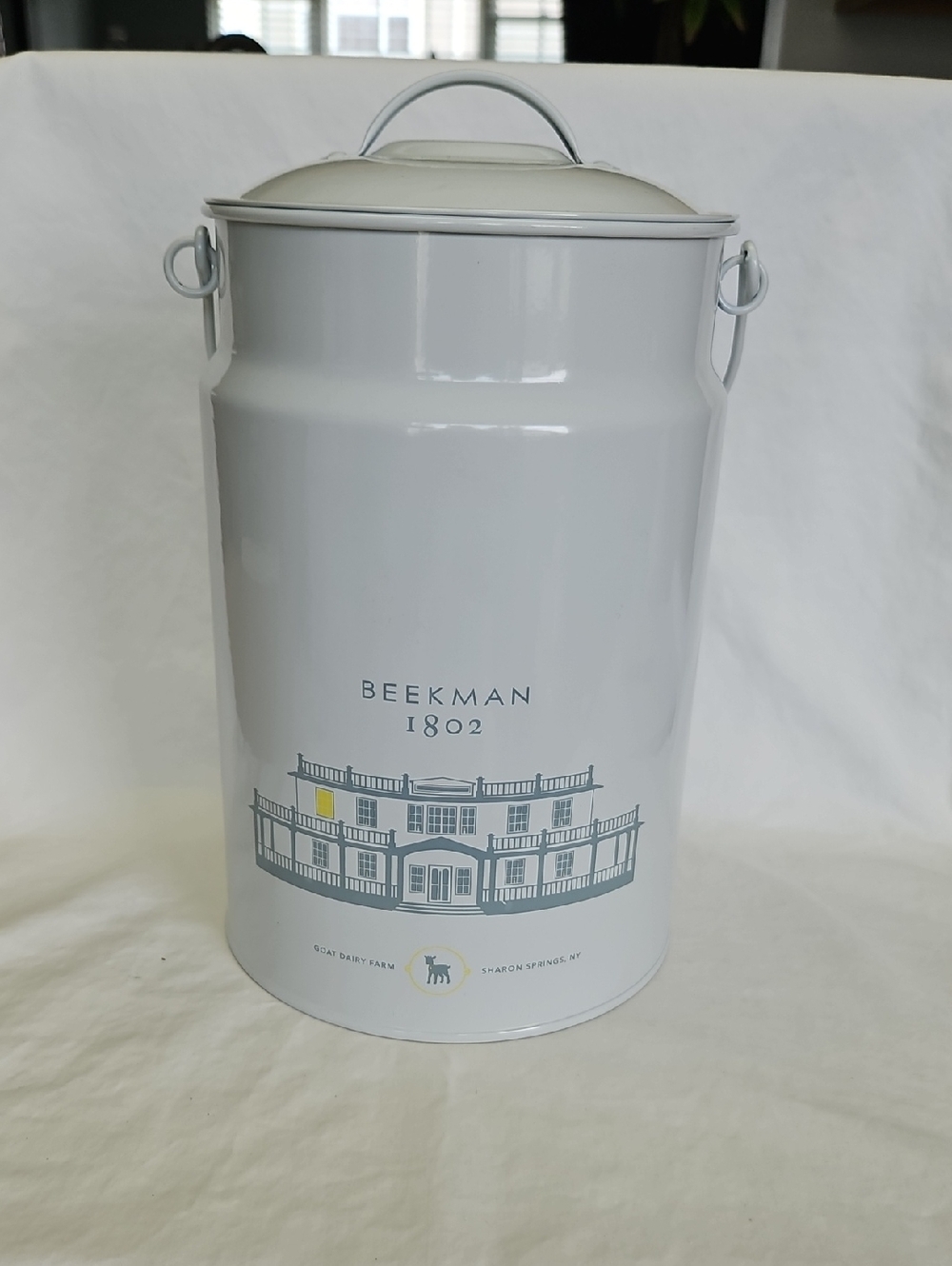 Beekman 1802 White Metal Canister with Gray and Yellow Accents